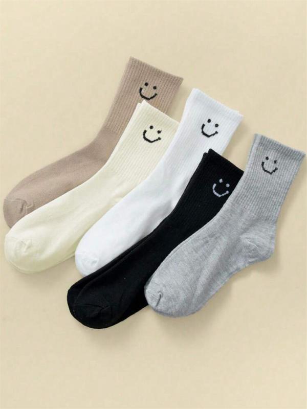 Women's 5 Pairs Cartoon Face Print Crew Socks, Cute Comfy Breathable Socks for Daily Wear, Women's Socks for All Seasons