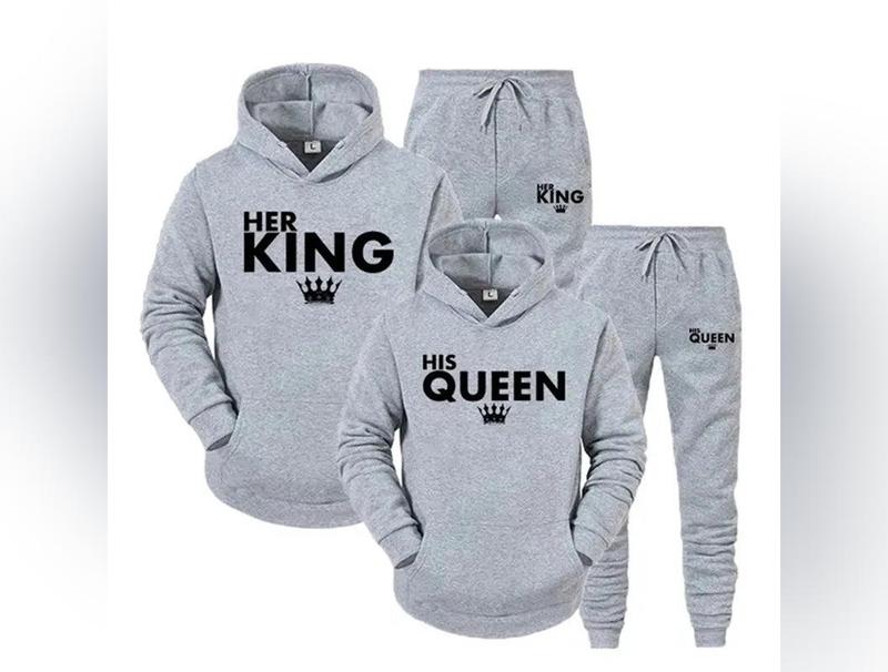 Lover Her QUEEN or His KING Printed Tracksuits Couple Hoodies Outfit Suits Casual Hooded Sweatshirt + Sweatpants Two Piece Set