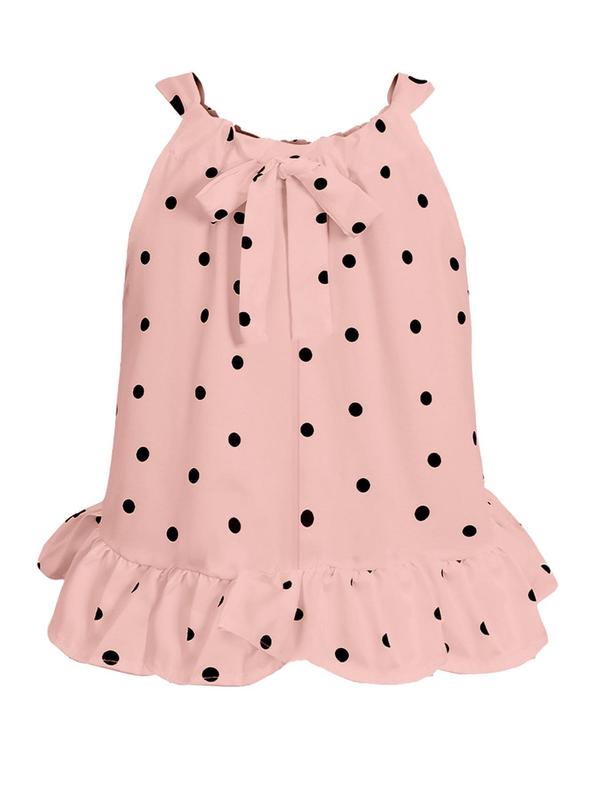 Plus Size Polka Dot Print Bow Back Ruffle Hem Halter Neck Top, Casual Fashion Sleeveless Top for Summer, Women's Plus Size Clothing for Daily Wear