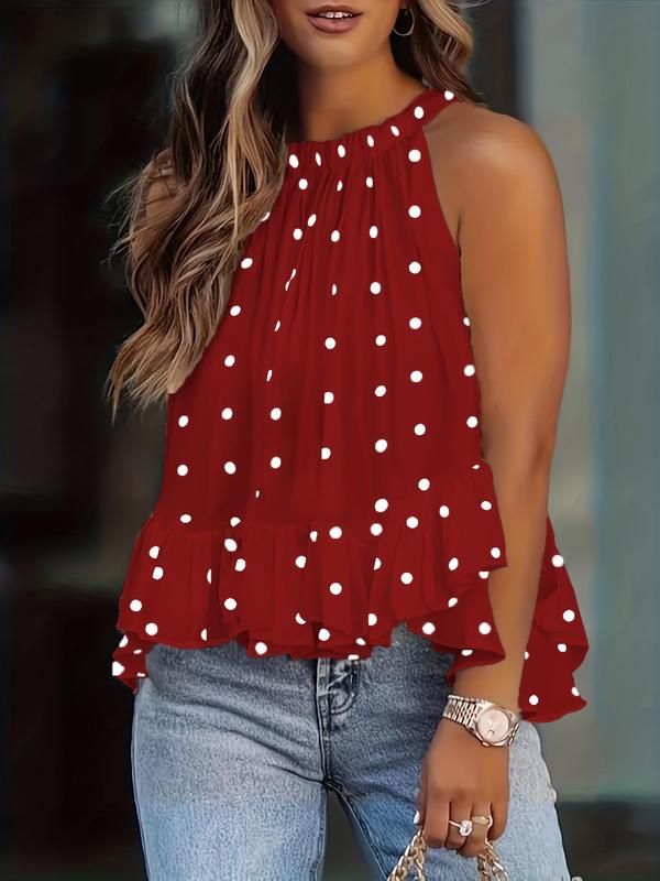 Plus Size Polka Dot Print Bow Back Ruffle Hem Halter Neck Top, Casual Fashion Sleeveless Top for Summer, Women's Plus Size Clothing for Daily Wear