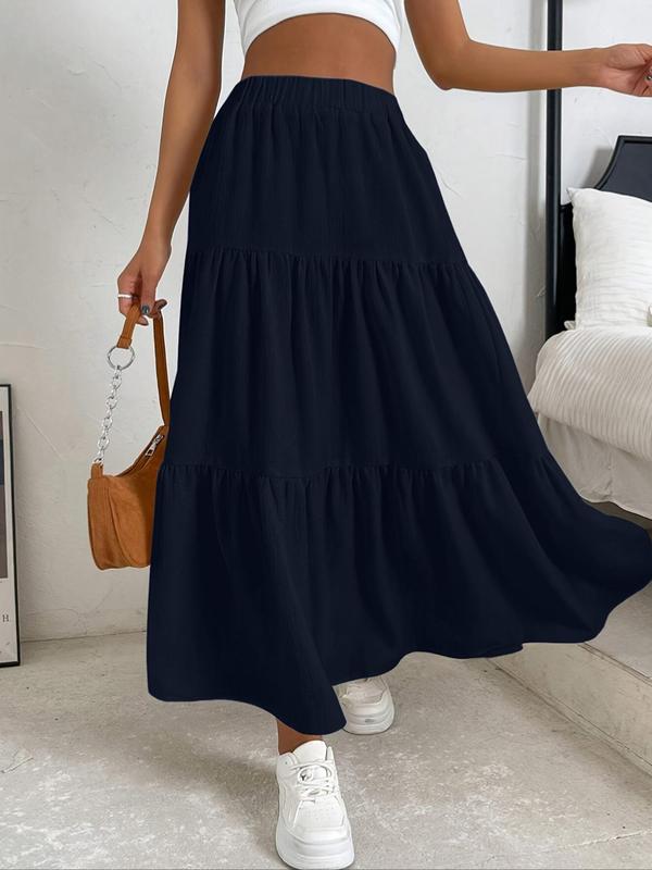 Women's Plain Ruffle Hem Flared Skirt, Casual High Waist Long Skirt, Fall Clothes, Summer Skirts for Women, Skirts for Summer, Ladies Bottoms for Daily Wear, Downtown Girl Clothes, Preppy 80s Clothes