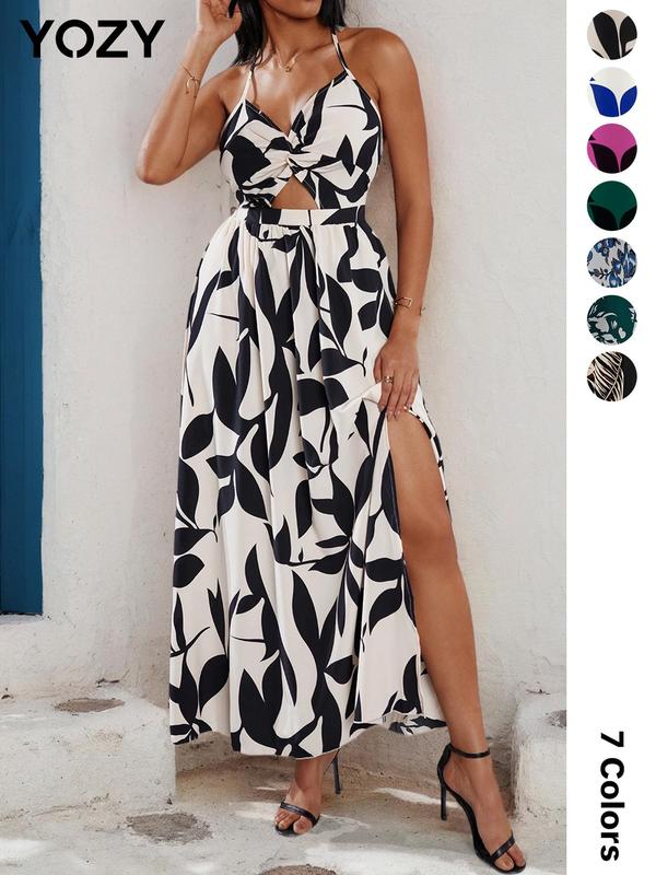 YOZY Christmas Deals, Leaf Print Backless Cut Out Twist Dress, Dresses for Women, Elegant Halter Neck Tie Dress, 2024 Women's Vacation & Holiday Wear for Summer's Beach, Christmas 2024 Trend, Fall & Winter Clothes