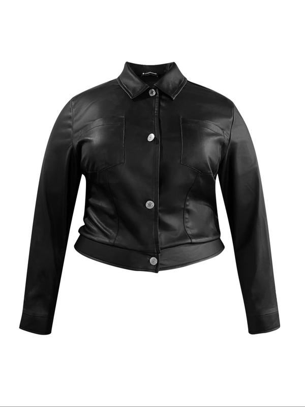  Solid Button Front Pocket PU Leather Jacket, Casual Long Sleeve Collared Outerwear for Daily Wear, Women's Clothes for All Seasons