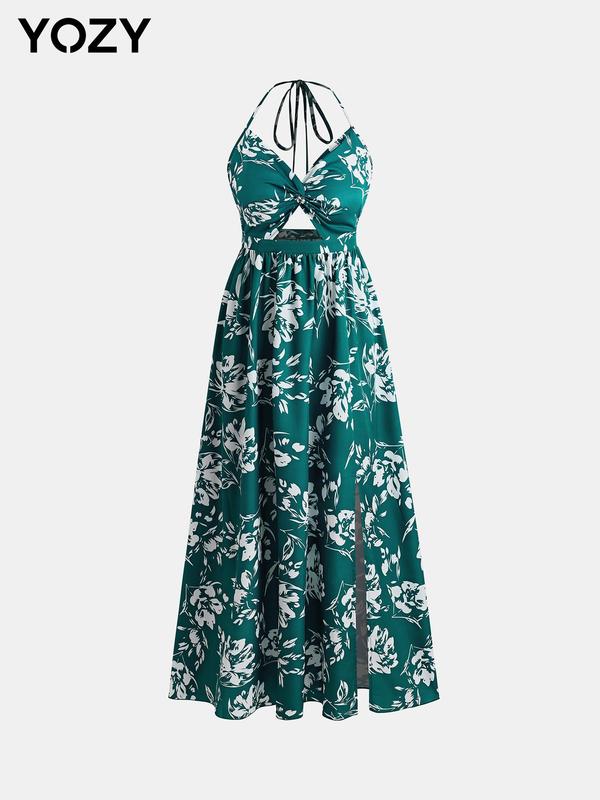 YOZY Christmas Deals, Leaf Print Backless Cut Out Twist Dress, Dresses for Women, Elegant Halter Neck Tie Dress, 2024 Women's Vacation & Holiday Wear for Summer's Beach, Christmas 2024 Trend, Fall & Winter Clothes