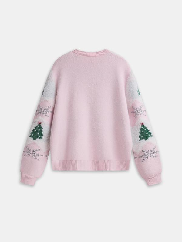 YOZY Women's Christmas Tree & Snowflake Print Drop Shoulder Sweater, Casual Long Sleeve Round Neck Jumper for Fall & Winter, Fashion Ladies' Knitwear for Daily Wear