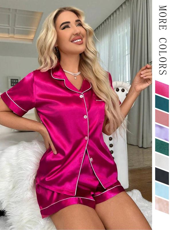 2 Counts Soft Satin Women's Basic Shortsleeve Pyjama Set, Lapel Button Front Shirt & Bow Decor Shorts Pajama Set, Lady Summer Lounge Set, Minimalist Womenswear Basic Comfort Loungewear, Back To School Wear, Please Purchase A Size Up