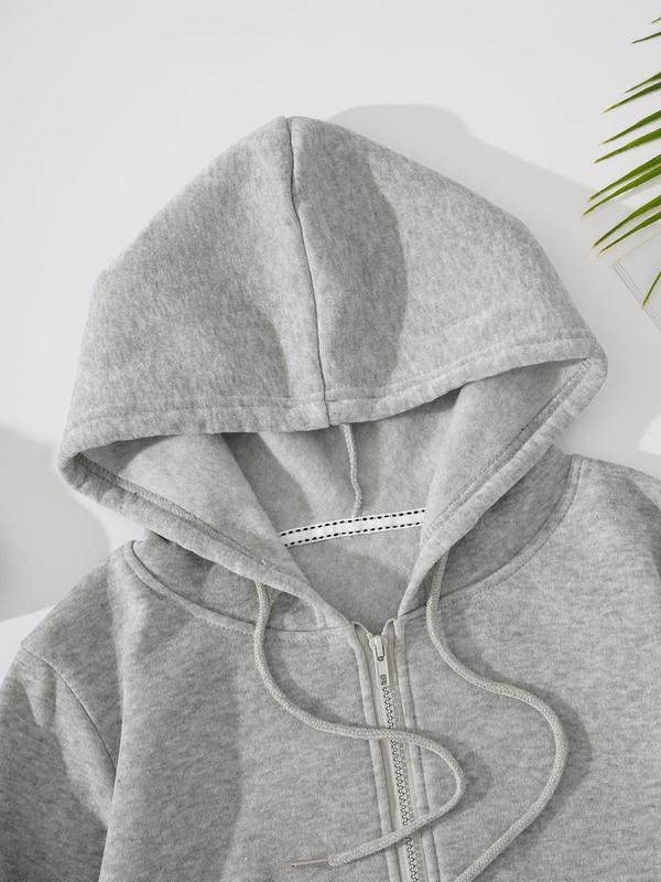 Women's Plain Drawstring Drop Shoulder Zippers Hooded Jacket, Long Sleeve Hoodie for Lady, Minimalist Basic School Outfit, Comfort Longsleeves Womenswear, Winter Outfits 2024