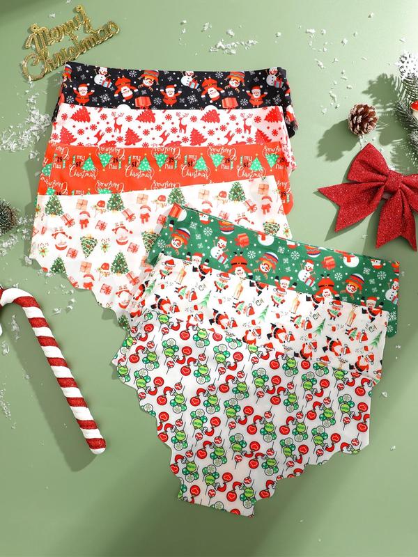 Women's Christmas Print Scallop Trim Panty, Soft Comfy Breathable Seamless Knicker for Daily Wear, Women's Underwear for All Seasons