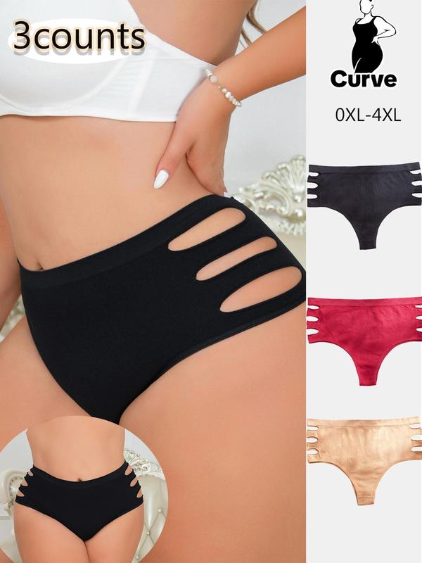 Plus Size Hollow Out Seamless Knicker, Solid Breathable Comfortable Panty for Daily Wear, Women's Underwear for All Seasons