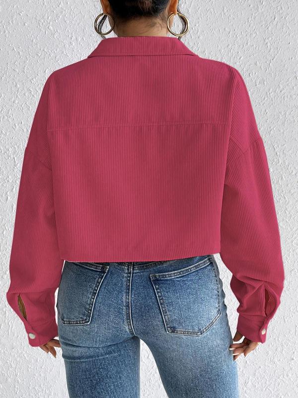 Plus Size Solid Color Button Front Fake Pocket Drop Shoulder Jacket, Casual Long Sleeve Collared Outerwear for Spring & Fall, Women's Clothes for Daily Wear