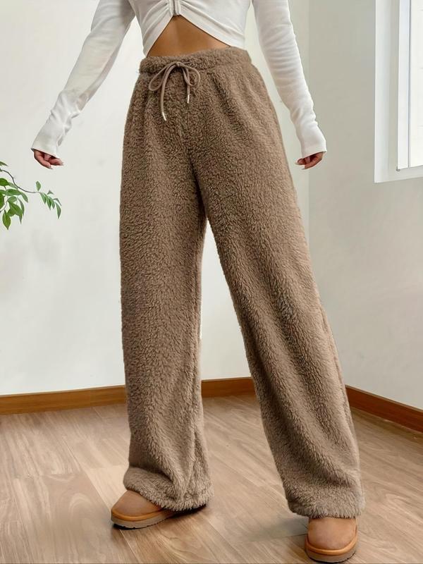 Women's Solid Color Drawstring Waist Wide Leg Pants, Casual Comfy Fuzzy Trousers for Fall & Winter, Women's Bottoms for Daily Wear