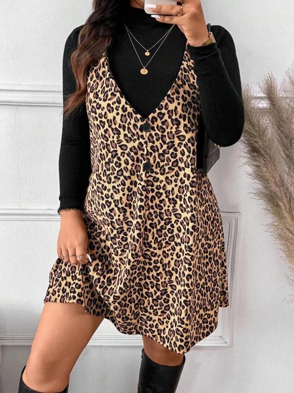  Leopard Print Button Tank Dress without Inner Top, Casual Sleeveless V Neck Dress for Fall & Winter, Women's Clothes for Daily Wear