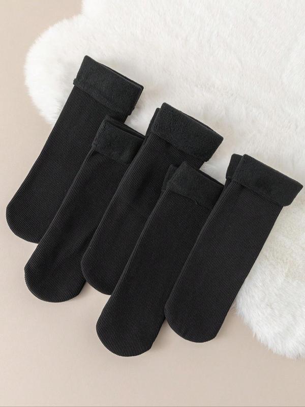 Women's 5 Pairs Solid Fuzzy Crew Socks, Fashion Cozy Warm Mid-calf Socks for Daily Outdoor Wear, Comfort Women Socks for Fall & Winter, Basic Minimalist Womenswear