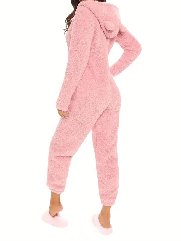 Women's Solid Zip Up Hooded Plush Jumpsuit, Casual Long Sleeve Fuzzy Jumpsuit for Fall & Winter, Women's Sleepwear for Indoor Wear, Fall Clothing