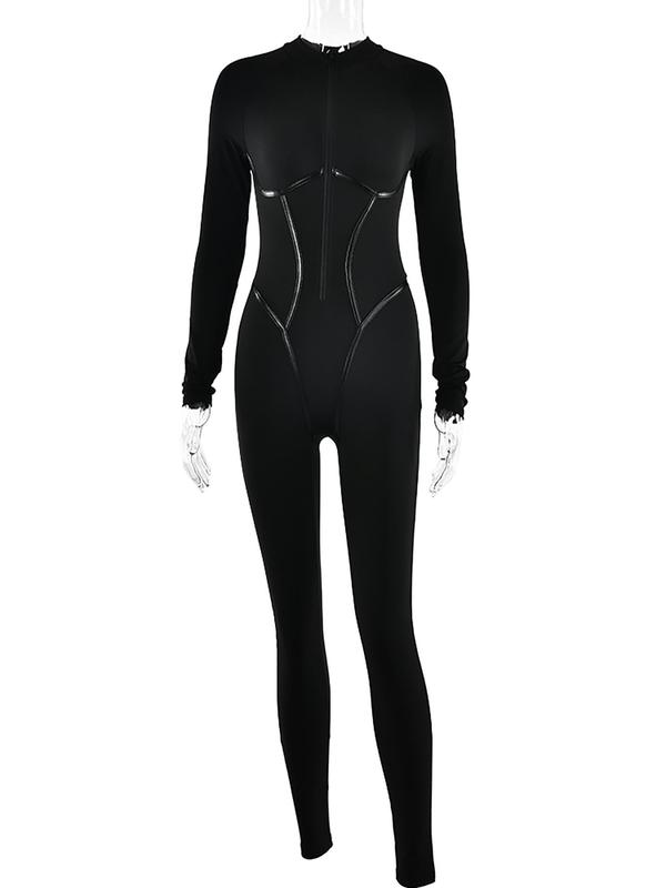 Women's Zipper Corset Second-Skin Feel Skinny Jumpsuit, Solid Tight-Fitting Long Sleeve Sportswear Bodysuits, Ladies Clothes For Fall & Winter