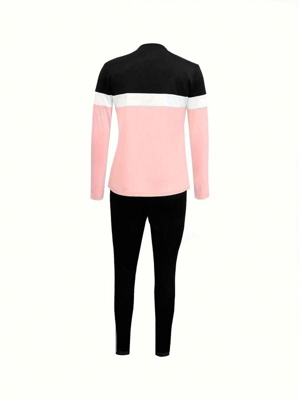 Women's Colorblock Striped Print Sweatshirt & Drawstring Waist Pants Two-Piece Set, Casual Long Sleeve Round Neck Top & Side Stripe Trousers 2 Piece Set for Summer, Women's Clothes for Daily Wear