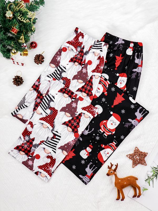 Christmas Gift Red 3 PCS Set Per Pack Girl Women's Soft Drawstring Elastic Waist Loose Cute Cartoon Floral Plaid Knit Causal Long Sleeping Pajamas Trousers PJ Pants Bottom For Fall Comfort Loungewear Nightwear Lady Homewear Casual Pajama Set pants  pyjama