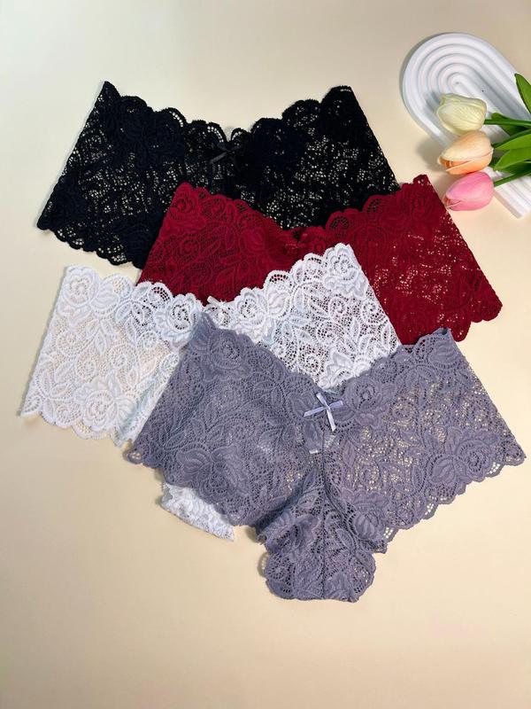 Women's 4pcs Solid Floral Lace Bow Decor Scallop Trim Panties, Casual Soft Comfy Breathable Drop Waist Knicker for Daily Wear, Ladies Underwear for All Seasons, Fall Wear, Fallfreshness