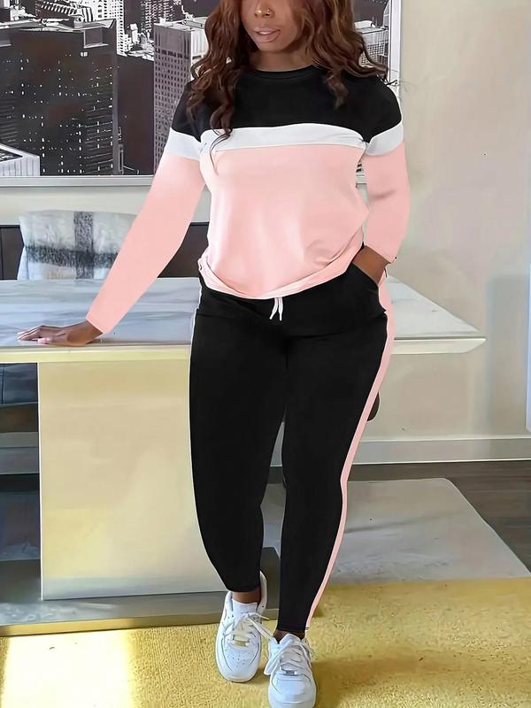 Women's Colorblock Striped Print Sweatshirt & Drawstring Waist Pants Two-Piece Set, Casual Long Sleeve Round Neck Top & Side Stripe Trousers 2 Piece Set for Summer, Women's Clothes for Daily Wear