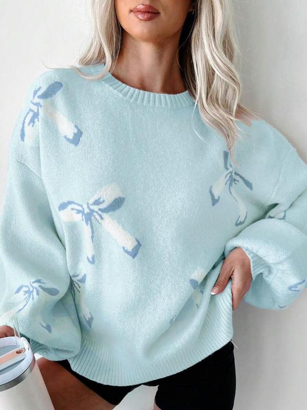 Women's Bow Print Drop Shoulder Sweater, Casual Long Sleeve Round Neck Jumper for Fall & Winter, Cute Sweaters, Fashion Ladies' Knitwear for Daily Wear