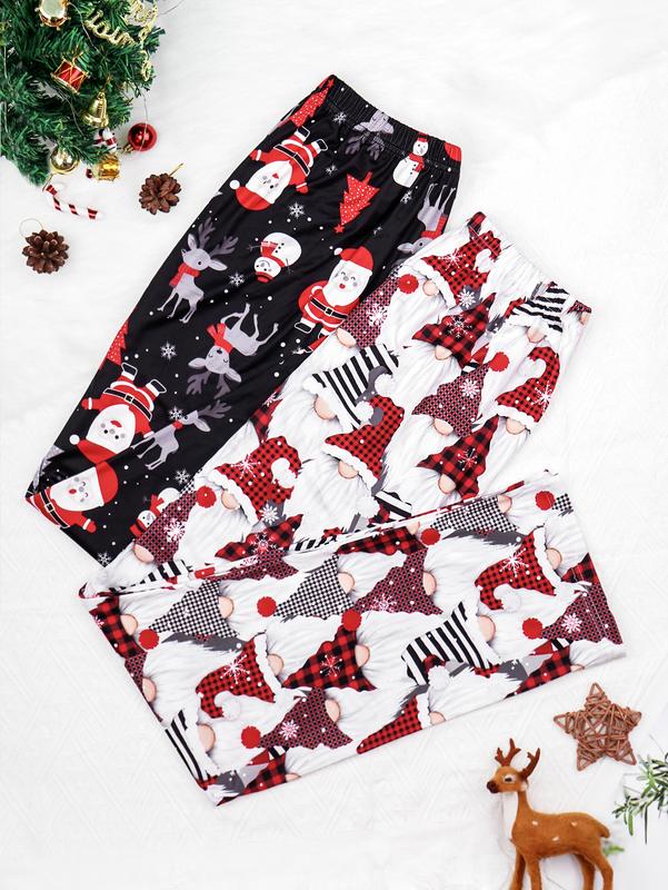 Christmas Gift Red 3 PCS Set Per Pack Girl Women's Soft Drawstring Elastic Waist Loose Cute Cartoon Floral Plaid Knit Causal Long Sleeping Pajamas Trousers PJ Pants Bottom For Fall Comfort Loungewear Nightwear Lady Homewear Casual Pajama Set pants  pyjama