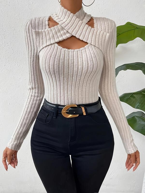 Women's Plain Criss Cross Cut Out Halter Neck Ribbed Tee, Casual Long Sleeve T-shirt for Fall & Winter, Women's Clothing for Daily Wear