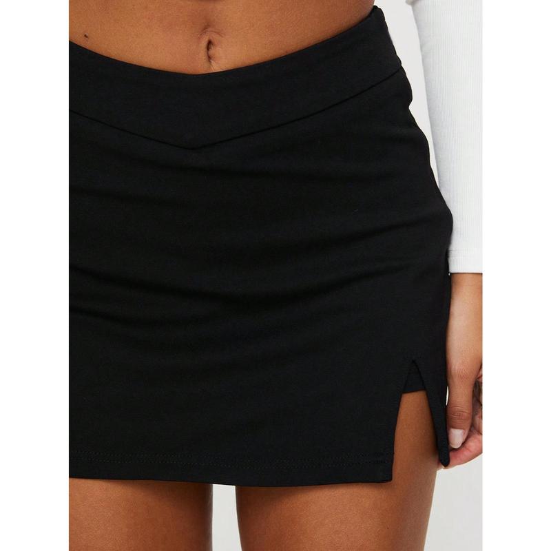 Women's Solid Color Pleated Side Slit Hem Casual Skirt Summer Clothes hem summer Fabric Fit