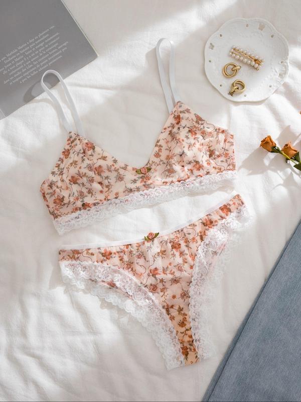 Women's Floral Print Appliques Contrast Lace Underwear Set, Soft Comfortable Wireless Bra & Knicker for Daily Wear, Lingerie Set for All Seasons