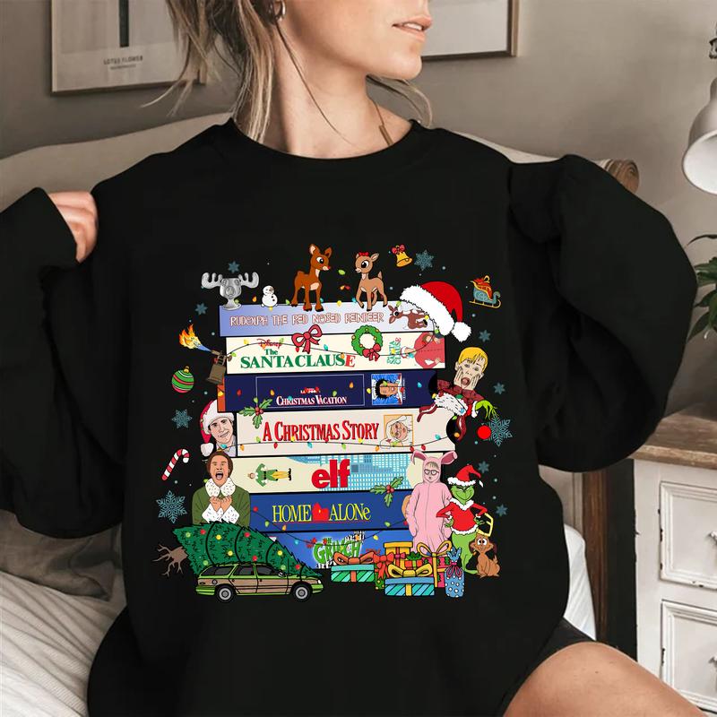 Christmas Movie Sweatshirt, Famous Christmas Movies Sweatshirt, Famous Movies Custom Sweatshirt, Home Alone, The Santa Clause Fabric Womenswear