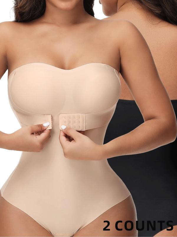 Women's Solid Backless Strapless Hook & Eye Closure Shapewear Bodysuit, High Stretch Tummy Control Shaper, Ladies Shapewear for Daily Wear