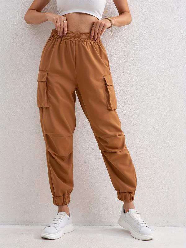 Women's Plain Ruched Flap Pocket Cargo Pants, Casual Elastic Waist Trousers for Fall & Winter, Women's Bottoms for Daily Wear, Pants for Women