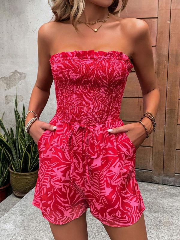 Women's Floral Print Frill Trim Shirred Tube Romper, Boho Knot Detail Pocket Sleeveless Romper for Summer, Playsuits for Women, Romper Jumpsuit for Women, Women's Clothes for Beach Holiday Vacation