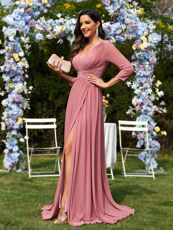 Women's Plain Ruched Split Thigh V Neck Vintage Party Dress, Elegant 3 4 Sleeve A Line Maxi Dress for Party Wedding Guest, Ladies Summer Clothes