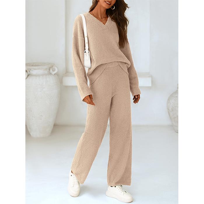 PrettyGarden Women's 2 Piece Pullover Sweater Set Oversized V Neck Tops Wide Leg Long Pants Tracksuit Lounge Outfit Womenswear Overalls Underwear Lady Minimalist