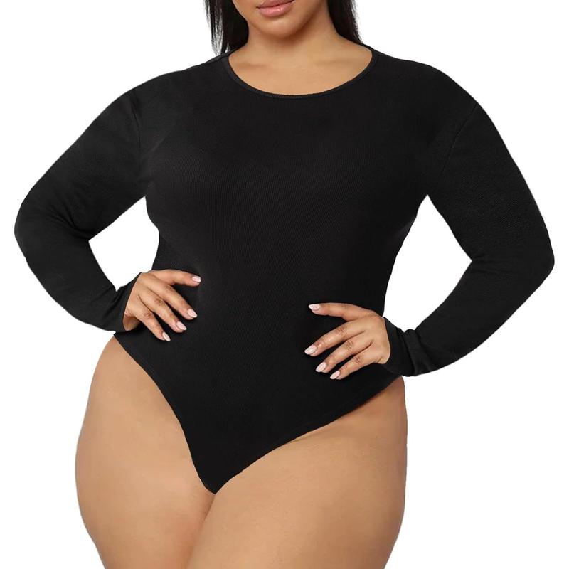 Plus size women's long sleeve bodysuit crew neck bodysuit tops for curly women