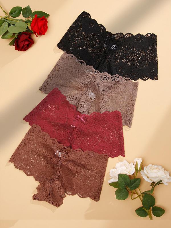 Women's 4pcs Solid Floral Lace Bow Decor Scallop Trim Panties, Casual Soft Comfy Breathable Drop Waist Knicker for Daily Wear, Ladies Underwear for All Seasons, Fall Wear, Fallfreshness