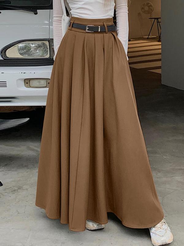 Women's Solid Pocket Zipper High Waist Pleated Skirt, Casual Fashion A Line Long Skirt for Daily Wear, Ladies Bottoms for All Seasons