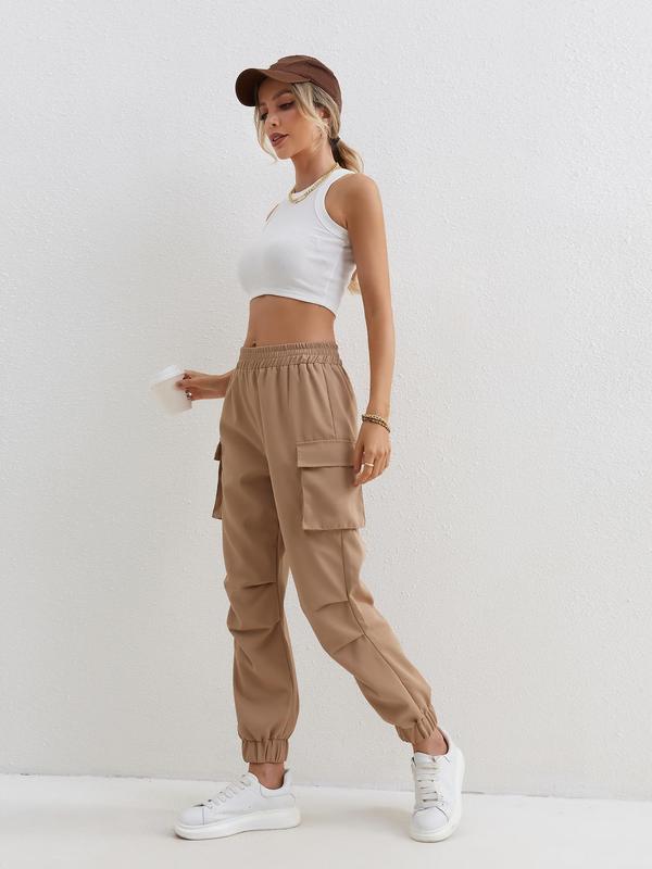 Women's Plain Ruched Flap Pocket Cargo Pants, Casual Elastic Waist Trousers for Fall & Winter, Women's Bottoms for Daily Wear, Pants for Women