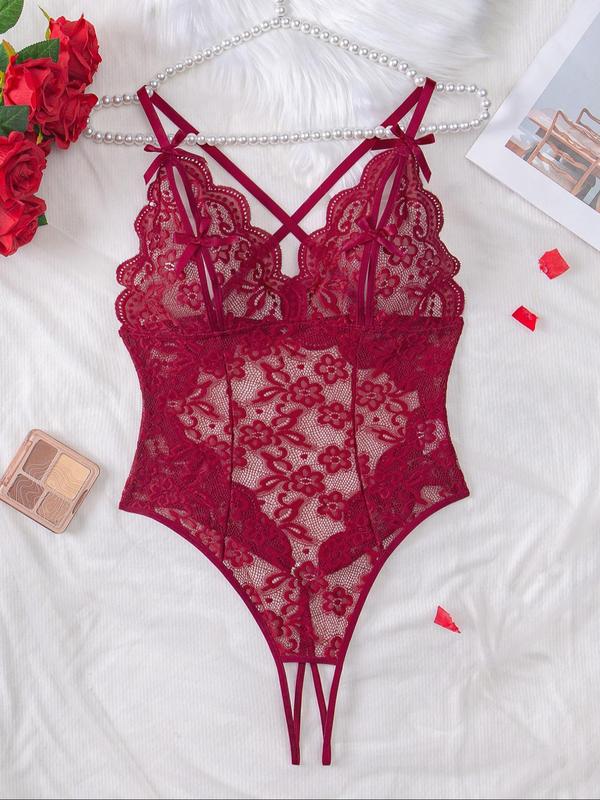 Women's Bow Front Criss Cross Cut Out Floral Lace Bodysuit, Rhinestone Heart Decor Adjustable Strap Scallop Trim Bodysuit, Ladies Summer Clothes