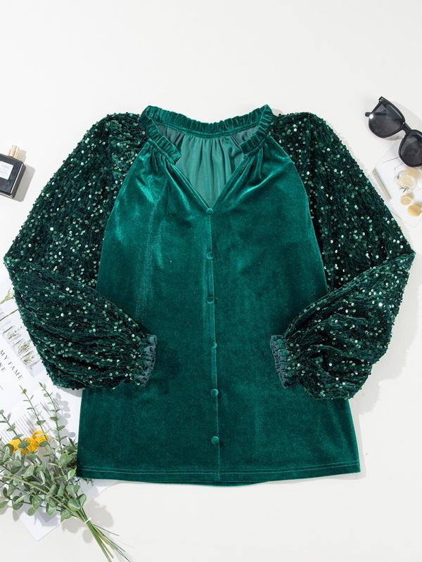 Women's Contrast Sequin Frill Trim Notched Blouse, Elegant Long Sleeve Top for Party Holiday Vacation, Women's Clothing for Fall & Winter