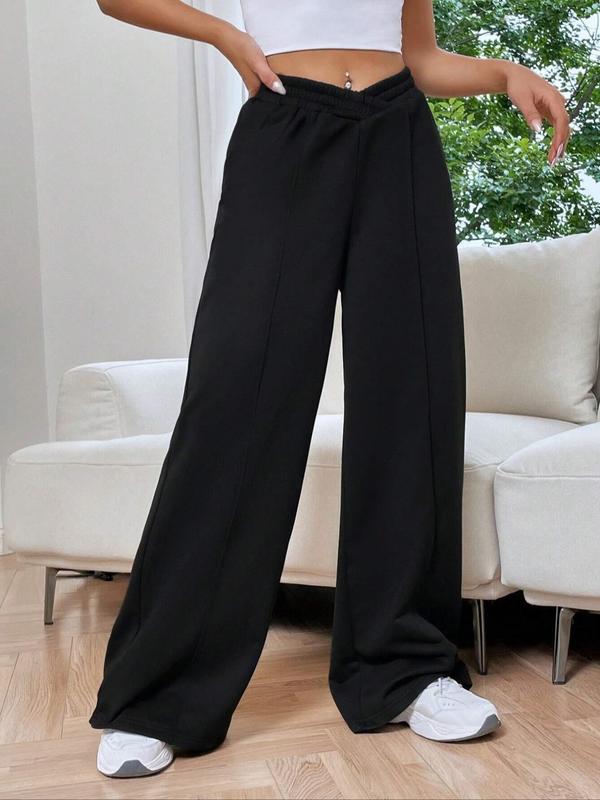 Women's Plain Elastic V Waist Wide Leg Sweatpants, Pants for Women, Casual Comfy Jogger Pants for Daily Outdoor Wear, Ladies Bottoms for All Seasons, Fall Outfits, Fallfreshness