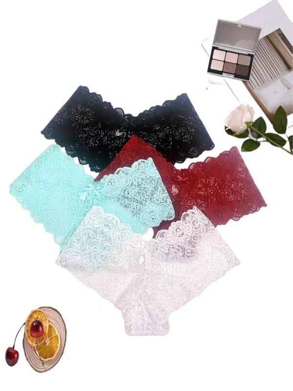 Women's 4pcs Solid Floral Lace Bow Decor Scallop Trim Panties, Casual Soft Comfy Breathable Drop Waist Knicker for Daily Wear, Ladies Underwear for All Seasons, Fall Wear, Fallfreshness