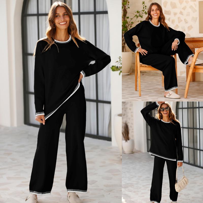 Tanming Women's 2 Piece Sweater Sets Outfits Long Sleeve Knit Pullover Tops Wide Leg Pants Lounge Sets Tracksuits