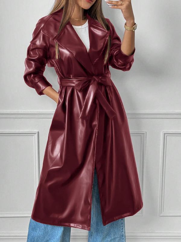 Women's Solid Belted Pocket PU Leather Trench Coat, Casual Lapel Collar Long Sleeve Outerwear for Spring & Fall, Ladies Clothes for Daily Wear