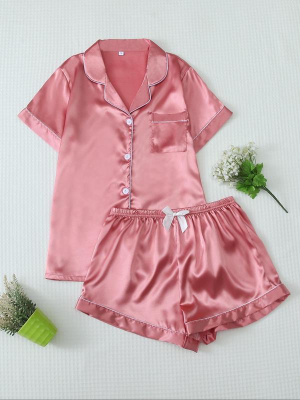 2 Counts Soft Satin Women's Basic Shortsleeve Pyjama Set, Lapel Button Front Shirt & Bow Decor Shorts Pajama Set, Lady Summer Lounge Set, Minimalist Womenswear Basic Comfort Loungewear, Back To School Wear, Please Purchase A Size Up