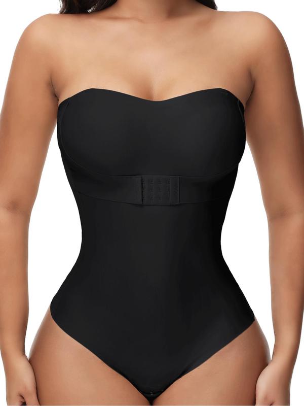 Women's Solid Backless Strapless Hook & Eye Closure Shapewear Bodysuit, High Stretch Tummy Control Shaper, Ladies Shapewear for Daily Wear