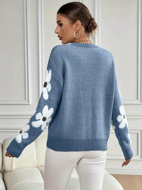 Women's Floral Embroidery Drop Shoulder Sweater, Casual Long Sleeve Round Neck Jumper for Fall & Winter, Fashion Ladies' Knitwear for Daily Wear