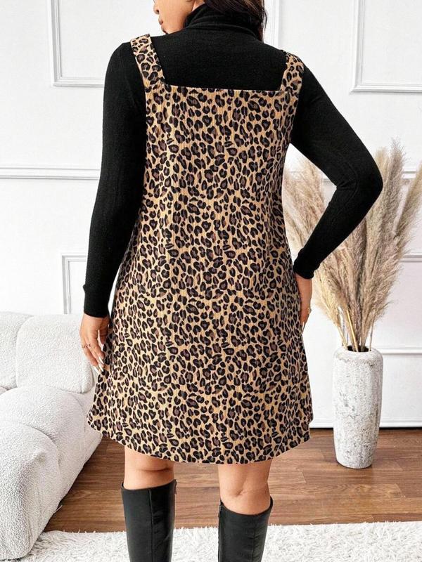  Leopard Print Button Tank Dress without Inner Top, Casual Sleeveless V Neck Dress for Fall & Winter, Women's Clothes for Daily Wear