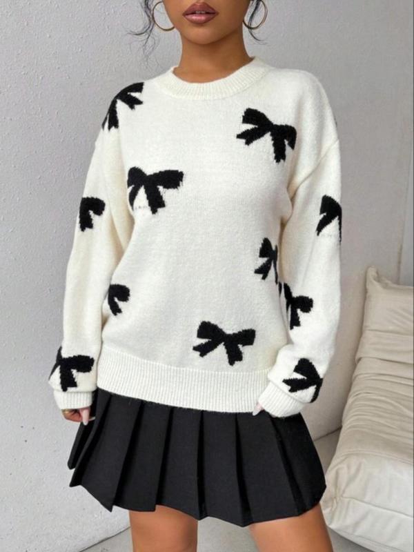  Bow Print Drop Shoulder Sweater, Casual Long Sleeve Round Neck Jumper for Fall & Winter, Women's Clothing for Daily Wear