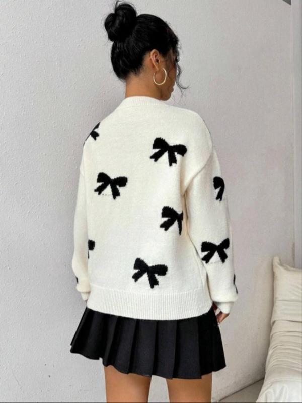  Bow Print Drop Shoulder Sweater, Casual Long Sleeve Round Neck Jumper for Fall & Winter, Women's Clothing for Daily Wear